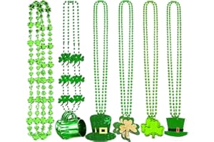 VOSTOR 12 Pieces St Patricks Day Beads Necklace Green Shamrock Beads Green Hat Necklaces Wine Glass Bead Pendant Necklace for Irish Party Favors Costume Accessory, 6 Types