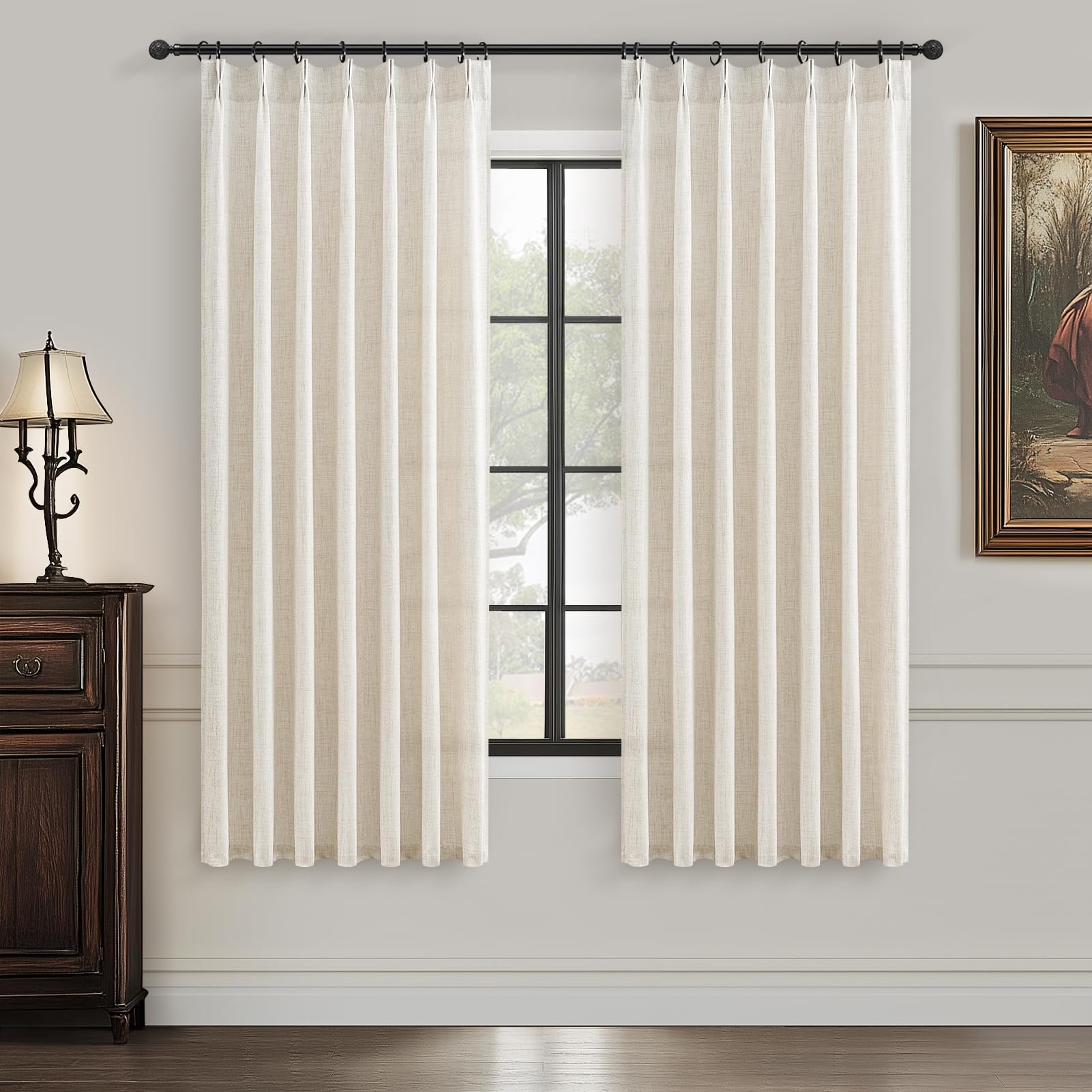 Pinch Pleated Sheer Short Curtains 48 Inch Length for Small Kitchen Windows, Pleat Light Filtering Natural Linen Basement Ivory Boho Drapes Cottage Core Privacy Curtain 2 Panels Set 40x48 Inches Cream Image