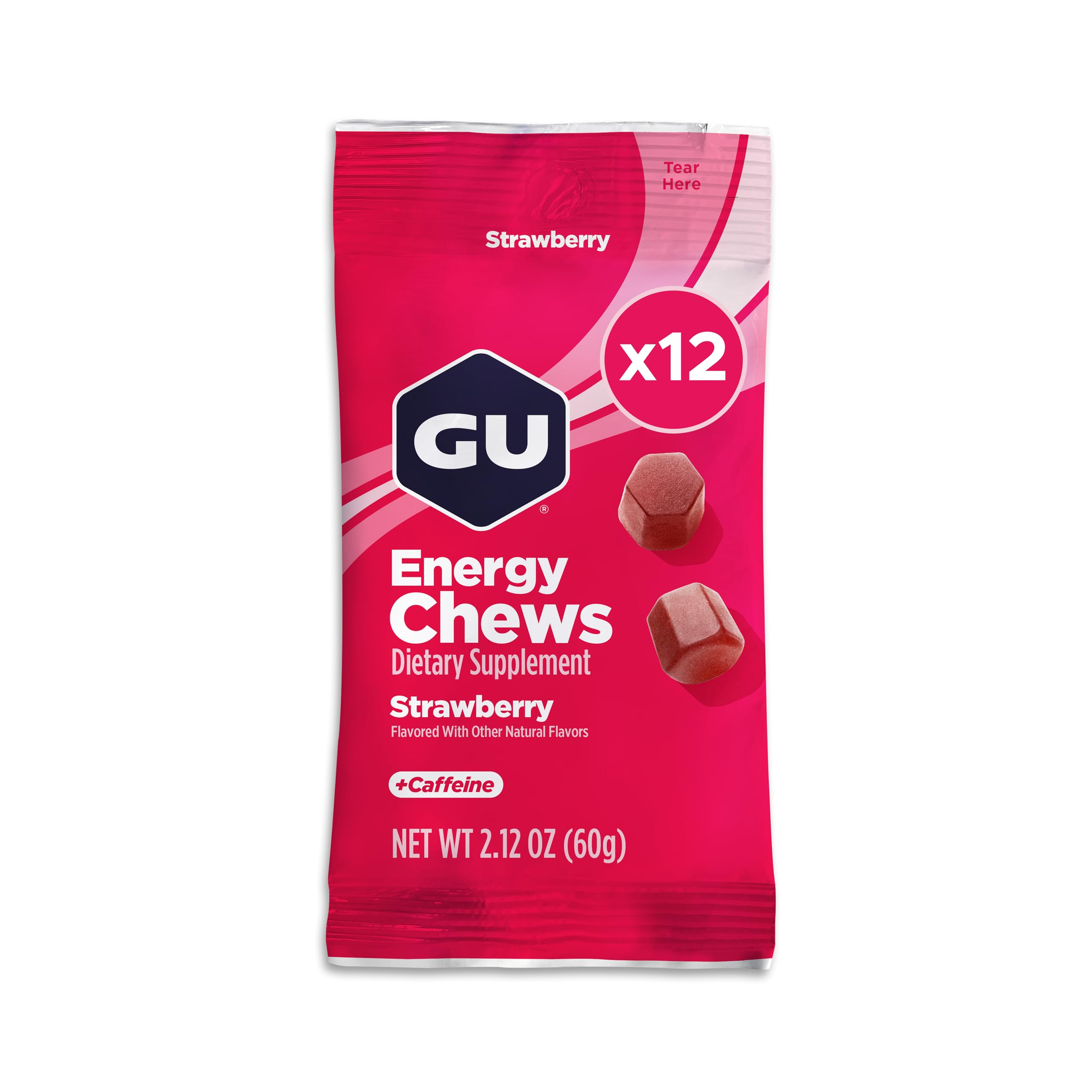 GU Energy Chews, Strawberry Energy Gummies with Electrolytes, Vegan, Gluten-Free, Kosher, 20 mg of Caffeine, and Dairy-Free On-the-Go Energy for Any Workout, 12 Bags (24 Servings Total) Image