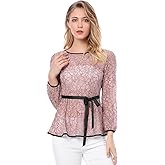 Allegra K Women's Elegant Tie Waist Long Sleeve Top Lace Peplum Blouses