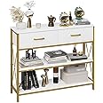 HITHOS Industrial Console Table with Drawers, Vintage Hallway Foyer Table with Storage Shelves, Narrow Long Sofa Entryway Table for Living Room, White/Gold