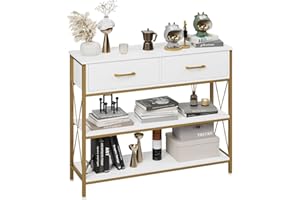HITHOS Industrial Console Table with Drawers, Vintage Hallway Foyer Table with Storage Shelves, Narrow Long Sofa Entryway Table for Living Room, White/Gold