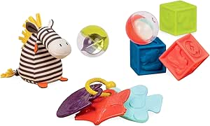 B. toys by Battat 7-Piece-Preschool Early Educational Toy Set for Newborns &amp; Infants with Baby Rattle, Stacking Blocks, Baby Balls &amp; Soft Plush Zebra, Multicolor (BX1569Z)