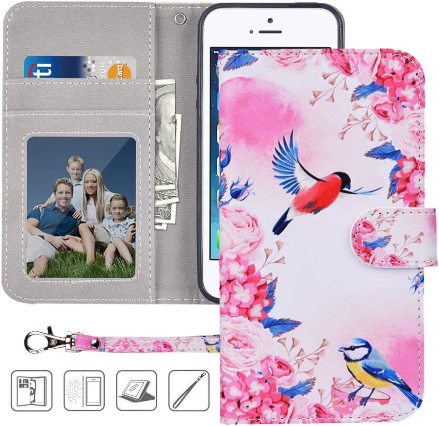 iPhone 5S / iPhone 5 Wallet Case,iPhone SE Wallet Case,MagicSky Premium PU Leather Flip Folio Case Cover w/Wrist Strap,Card Slots,Cash Pocket,Kickstand for Apple iPhone 5S/5/SE (Wallet-Birds)