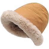 ZLYC Women Winter Furry Bucket Hat Rolled Brim Faux Fur Cloche Hat with Fleece Lining