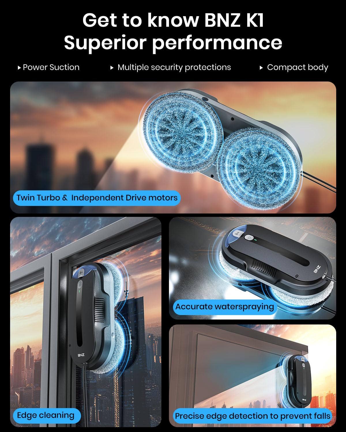 BNZ Robot Limpiador de Ventanas Inteligente, Twin Turbo y Limpiador de Ventanas con Pulverización Automática Doble con Sistema de Seguridad Múltiple, Planificación de Ruta AI, Detección de Bordes Sin Marco, K1, Negro Mate