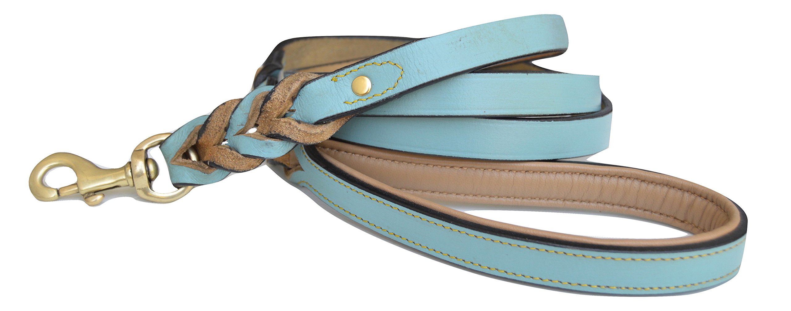 Soft Touch Collars Heavy Duty Leather Braided Dog Leashes, Anti Pull, 6 ft x 3/4 Inch, Turquoise with Beige Padded Handle