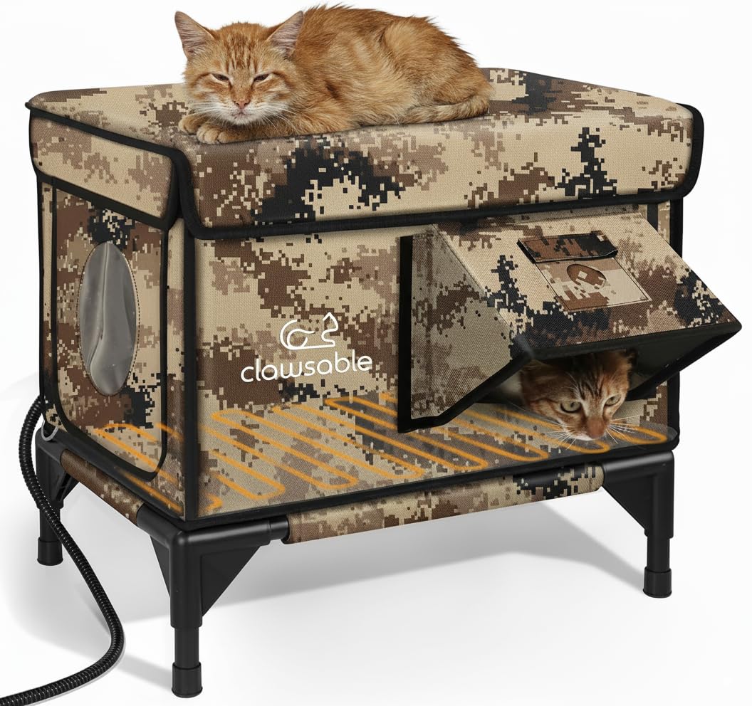 Photo 1 of Indestructible Heated Cat House for Outside Winter, 100% Waterproof, Safe Escape Door, Insulated Outdoor Cat Shelter with Heater for Feral Barn Cat Kitty (Desert Camouflage, 13"x17"x18")