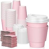 Patelai 100 Pcs 12 oz Disposable Coffee Cups with Lids and Sleeves Bulk, Insulated Hot Chocolate Paper Cup for Hot and Cold Beverage Water Juice Cocoa Tea Party Restaurants Travel Supplies (Pink)