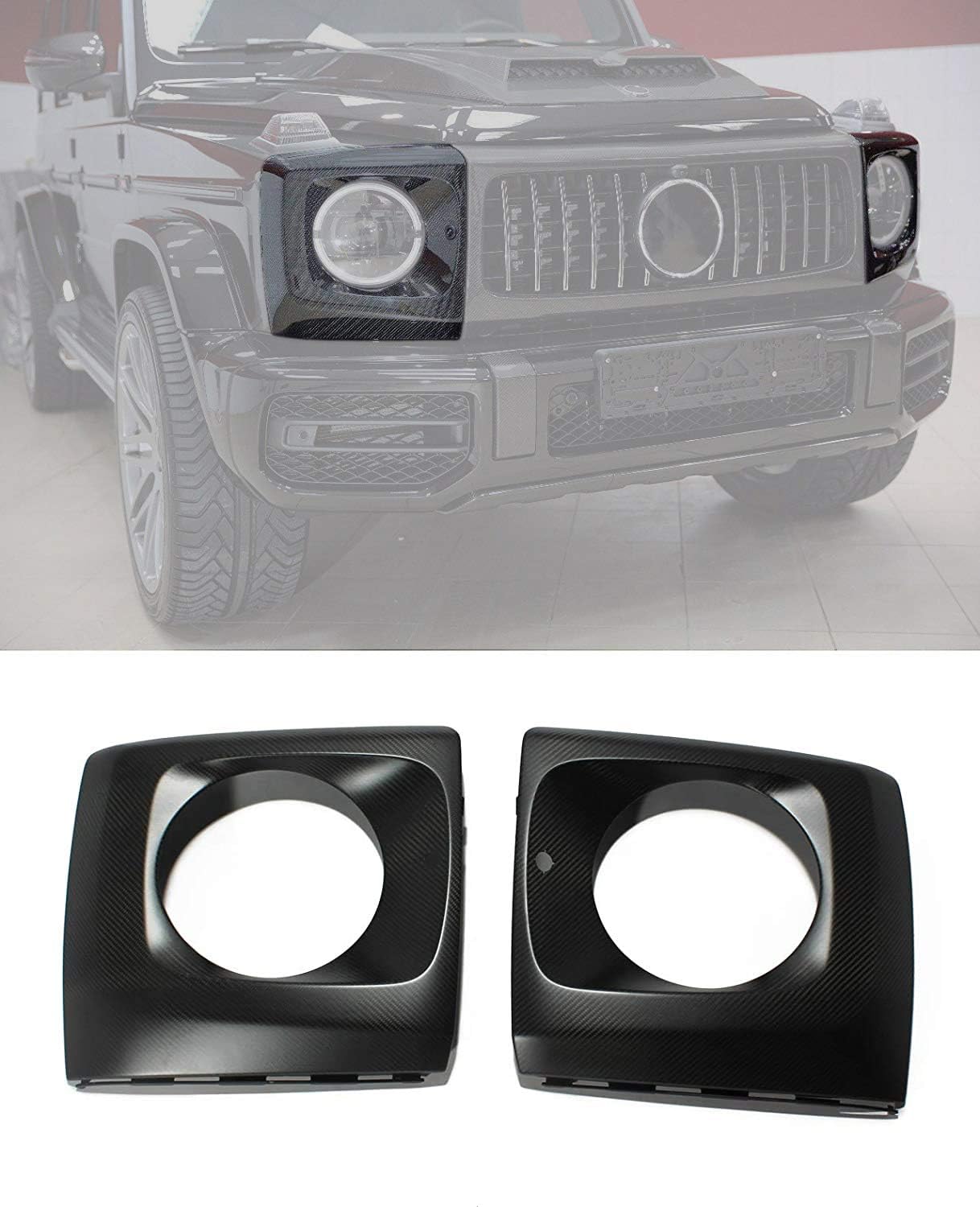 Amazon Com Kit Car Matte Black Carbon Fiber Headlight Cover Set 2 Pcs Headlights Trim Covers Made For G Wagon W463a W464 G Class G500 G550 G63 18 19 21 Automotive