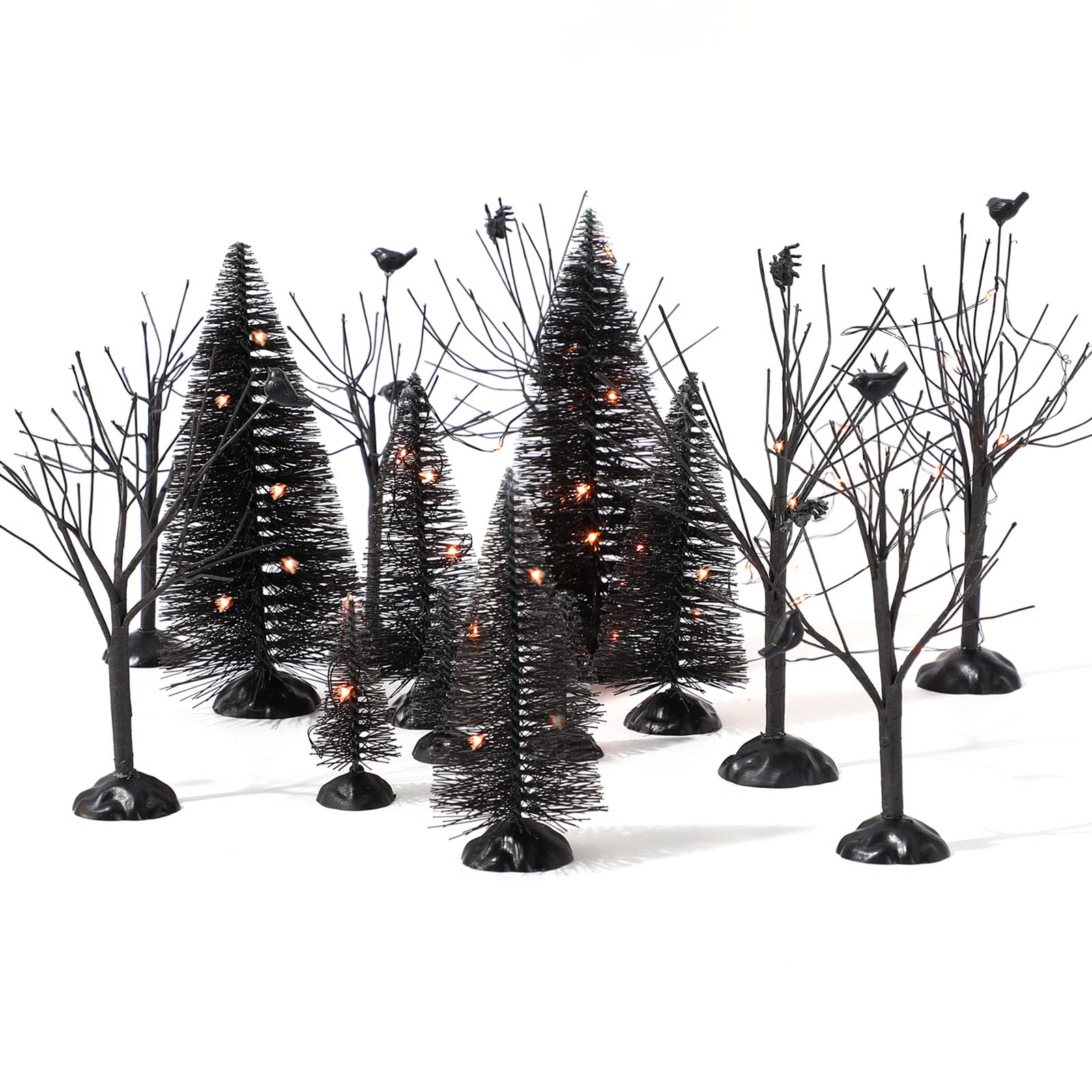 Photo 1 of 17 Pcs Halloween Village Accessories Set - 8 Black Pine and 8 Bare Branch Trees With 9.84 ft LED Orange Light - Battery Operated Village Tabletop Displays Spooky Tree for Party Table Decor