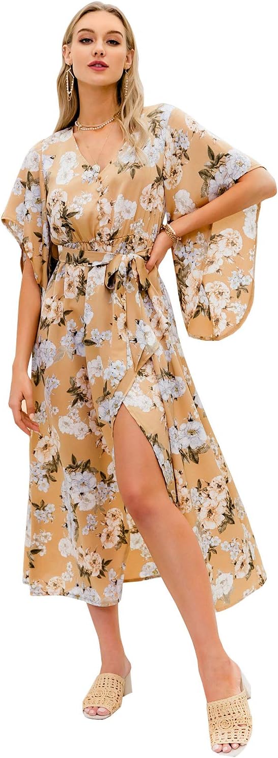 Miessial Women's Boho V Neck Floral Chiffon Dress Backless Beach Split Maxi Dress with Belt