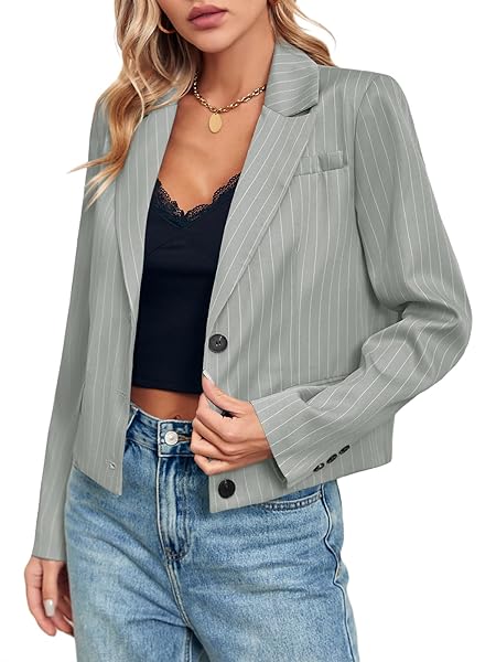 CICY BELL WOMENS CROPPED STRIPED BLAZER CASUAL LONG SLEEVE LAPEL BUTTON DOWN WORK BLAZER JACKETS GREY