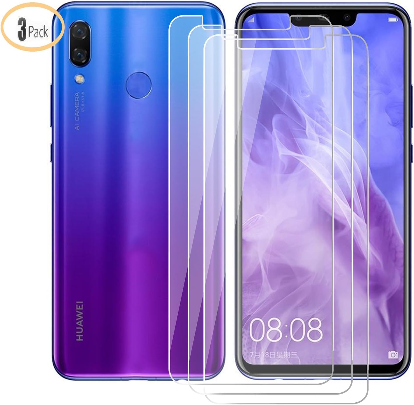 Huawei Nova 3 Screen Protector, [3-Pack] JIENI Anti-Fingerprint Anti-Scratch Tempered Glass Protective Film for Huawei Nova 3