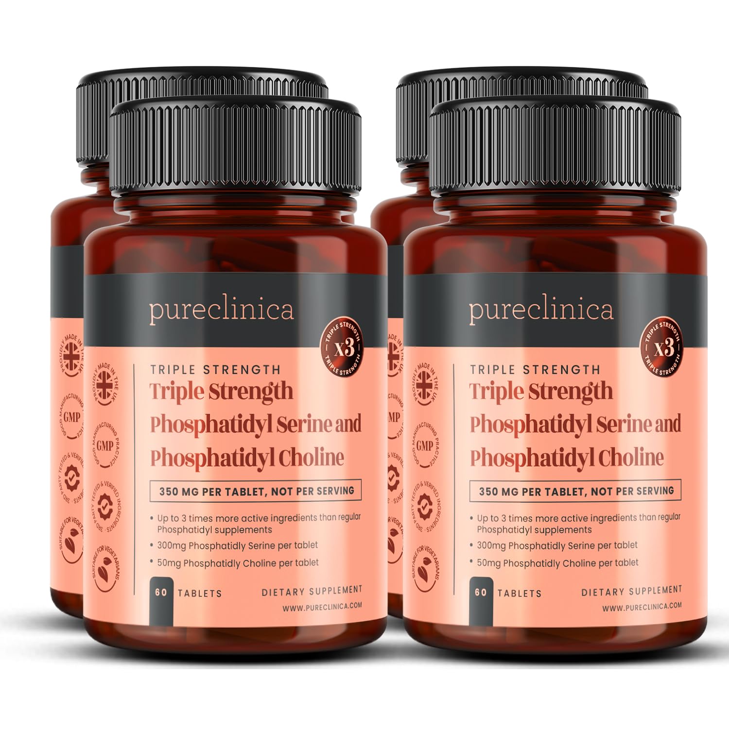 Triple Strength Phosphatidyl Serine and Phosphatidyl Choline 350mg x 240 Tablets (4 Bottles of 60) - 8 Months Supply!