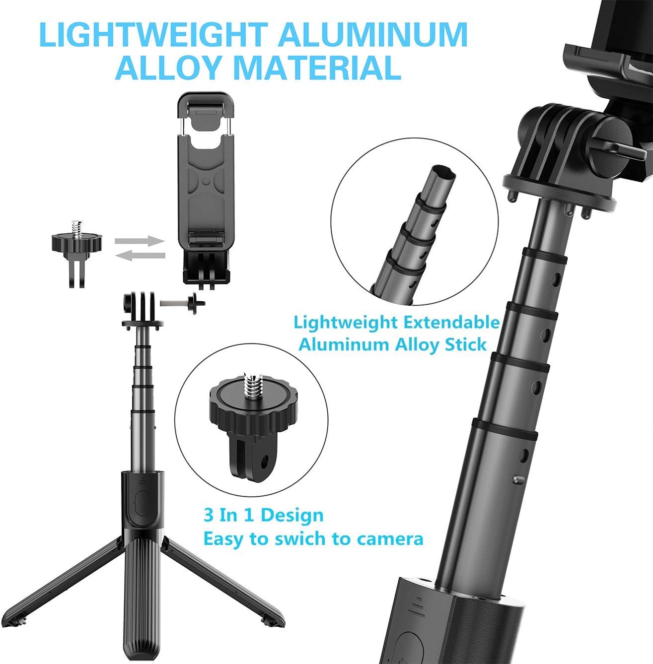 Selfie Stick Tripod with Removable Wireless Bluetooth Remote Shutter Compatible,Lightweight Extendable Aluminum Pocket Selfie Stick for iPhone 11/XR/X/8/8P/7/7P Android Phone，Gopro,Webcam and Camera: Camera & Photo