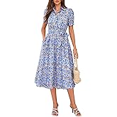 GRACE KARIN Womens Cotton Summer Boho Midi Dresses 2026 Puff Sleeve Shirt Dress Flowy Floral Wedding Guest Dress with Pocket