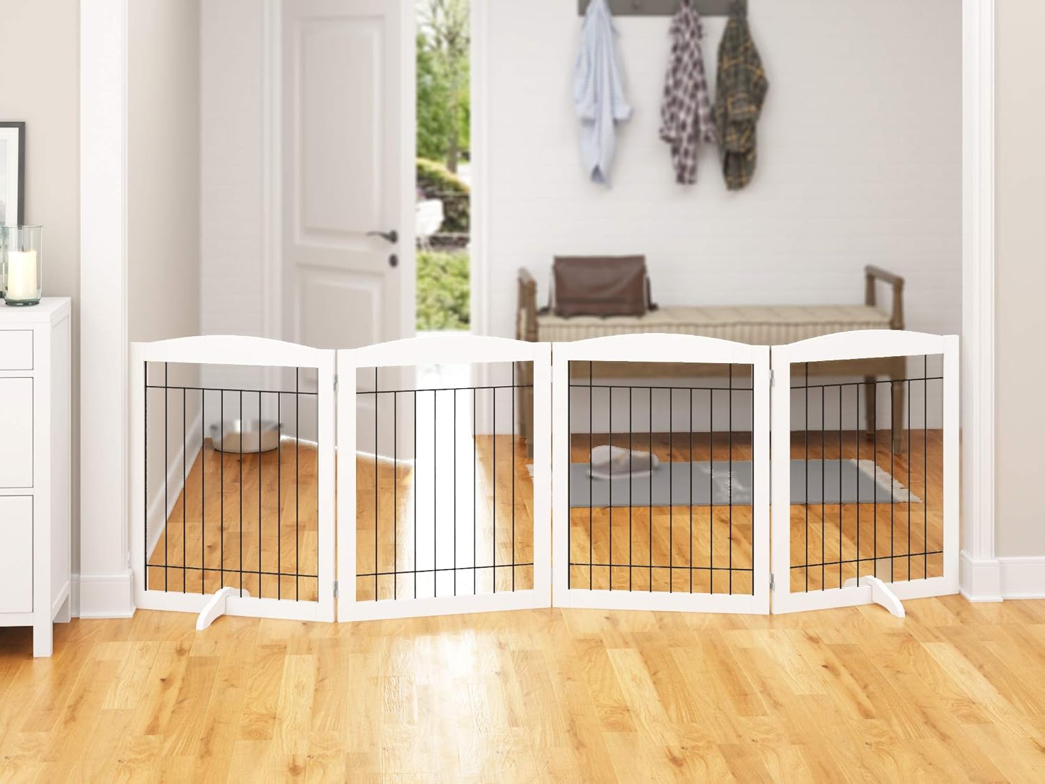 PAWLAND 96-inch Extra Wide Dog gate for The House, Doorway, Stairs, Freestanding Foldable Wire Pet Gate, Set of Support Feet Included (White, 30" Height-4 Panels) : Baby