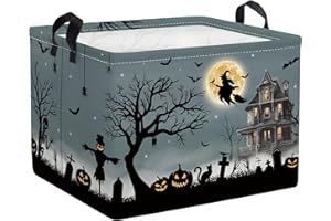 Clastyle Halloween Pumpkin Storage Basket Kid Spooky Book Gift Basket Empty Outdoor Graveyard Jack-o-lantern Boo Bin Baby Nursery Clothes Hamper Toy Box,Witch Bat,40*30*30 cm