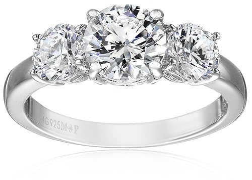 Amazon Essentials Platinum-Plated Sterling Silver Round 3-Stone Ring made with Infinite Elements Cubic Zirconia (4 cttw), Size 6 (previously Amazon Collection)