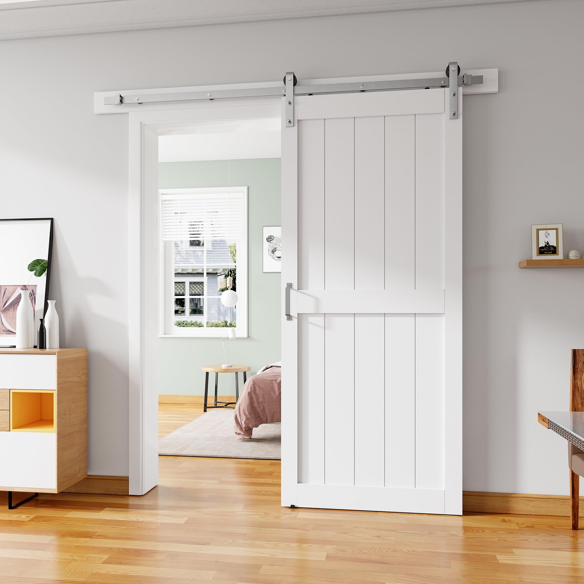 ALAMEDADT 38''x84'' Sliding Barn Door with 6.6 Ft Brushed Nickel Hardware Kit& Handle& Floor Guides,Pre-Drilled Holes Easy Assembly - Include Installation Manual, Water-Proof PVC Surface, H-Frame Image