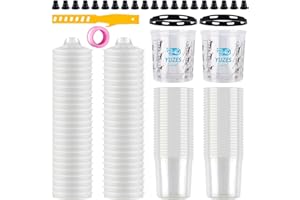 YUZES Disposable Paint Cups for Spray Gun 20 Ounce (600ml), 50 Disposable Paint Cup with Lids, 2 Hard Mixing Cups with Retainer Ring, 20 Plugs, PTFE Tape, Stirrer, for LVLP HVLP Spray Gun