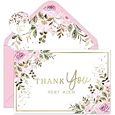 Whaline 24 Pack Pink Floral Thank You Cards Gold Foil Flower Greeting Cards with Envelopes Stickers Watercolor Blank Note Cards for Spring Wedding Bridal Baby Shower Birthday