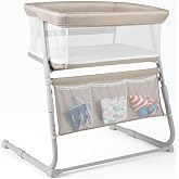 Cowiewie Bassinet Bedside Sleeper, Baby Bassinet Slides Over Bed, 5-Position Height Adjustment &amp; Breathable All-Mesh Wall for Baby, Space-Saving Bedside Crib, Height (37.4-41.3"), Beige