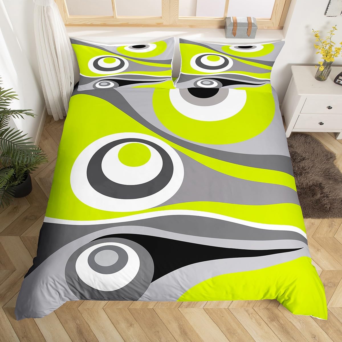 Homewish Boys Bedding Double Size Lime Green Geometric Comforter Cover for Kids Teen Green Grey Black White Abstract Duvet Cover Circle Bed Set Bedroom Dorm Decor 3 Pcs