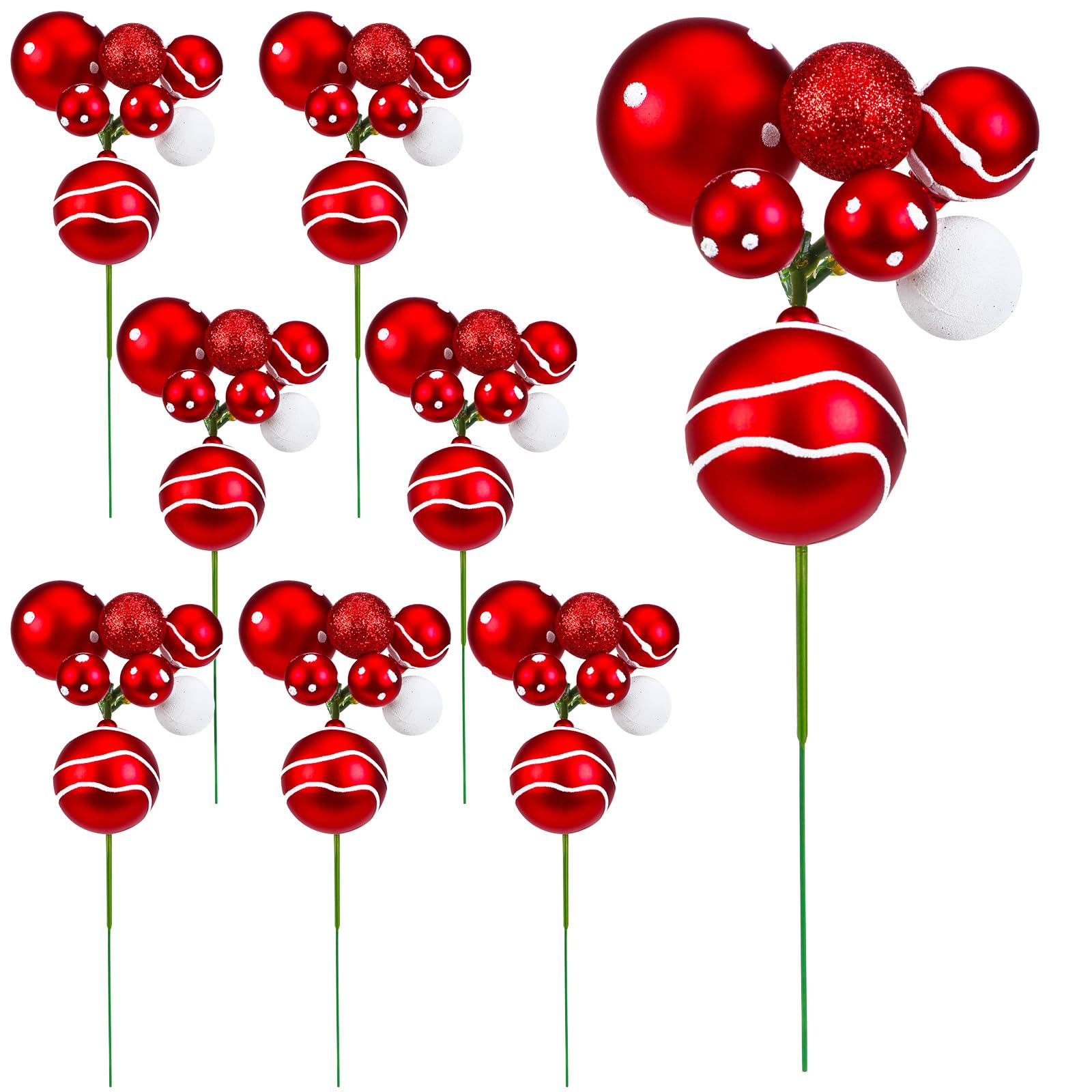 Photo 1 of Daifunli 8 Pcs Red and White Christmas Tree Picks 7.87 Inch Christmas Balls Ornaments Xmas Hanging Decorations for Xmas Tree Topper DIY Wreath Holiday Floral Vase Fillers Crafts Home Decor
