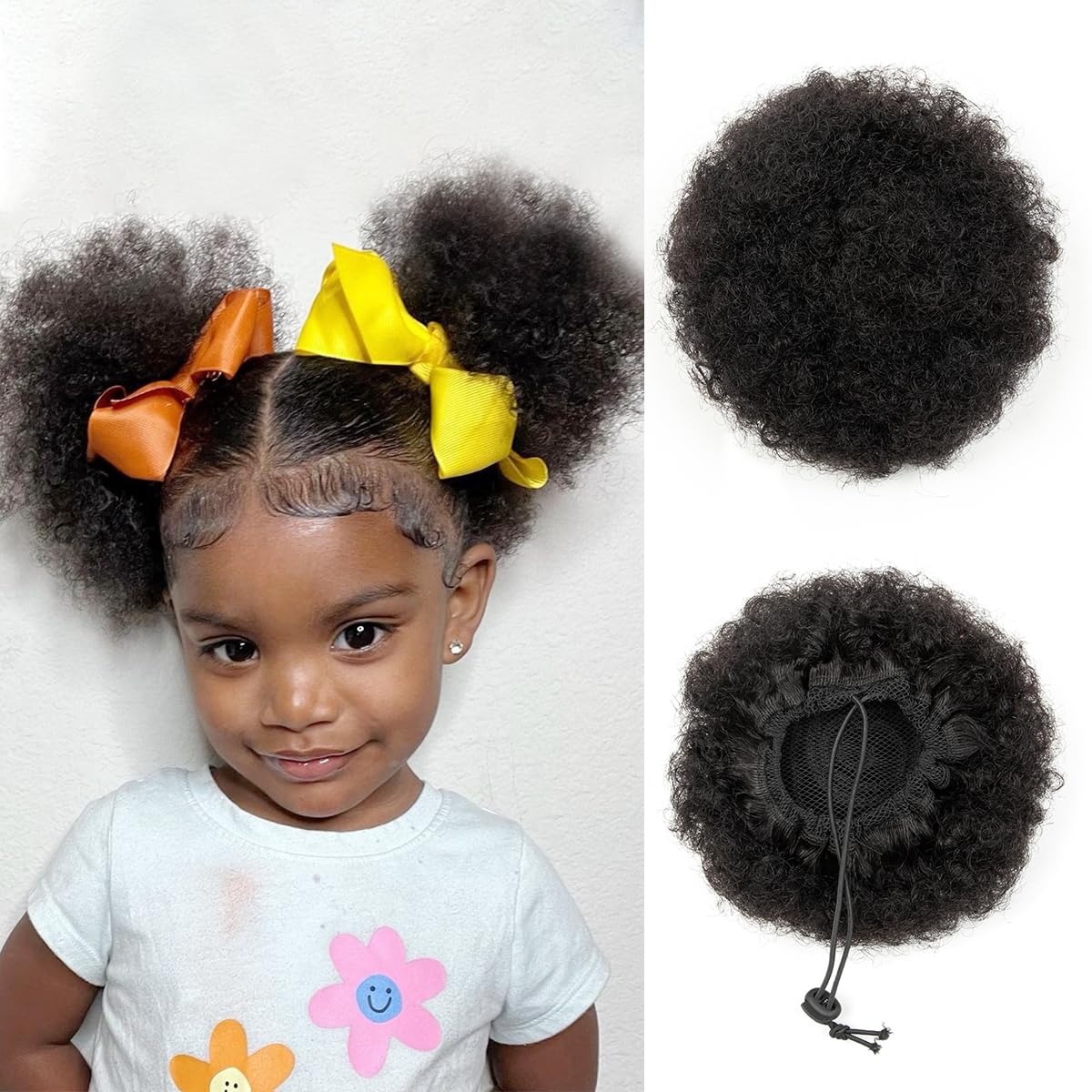 Drawstring Ponytail Extensions For Black Wome, 4Inch Afro Bun Hair Piece For Women, Afro Puffs Hair Buns 1 Pcs Afro Kinkys Curly Black Bun Hairpieces Updo Hair Extensions โ image 1