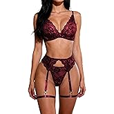 TINGYANRAN Women's Sexy Lingerie Set Underwire Lace Floral Push Up Garter Belt See Through Sheer Bra Panty 4 Piece