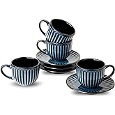 Hasense 4 Oz Espresso Cups with Saucers Set of 4, Ribbed Cappuccino Cups Ceramic for Coffee,Espresso,Double shot,Latte and Macchiato, Demitasse Cups Set Aesthetic Gift, Blue