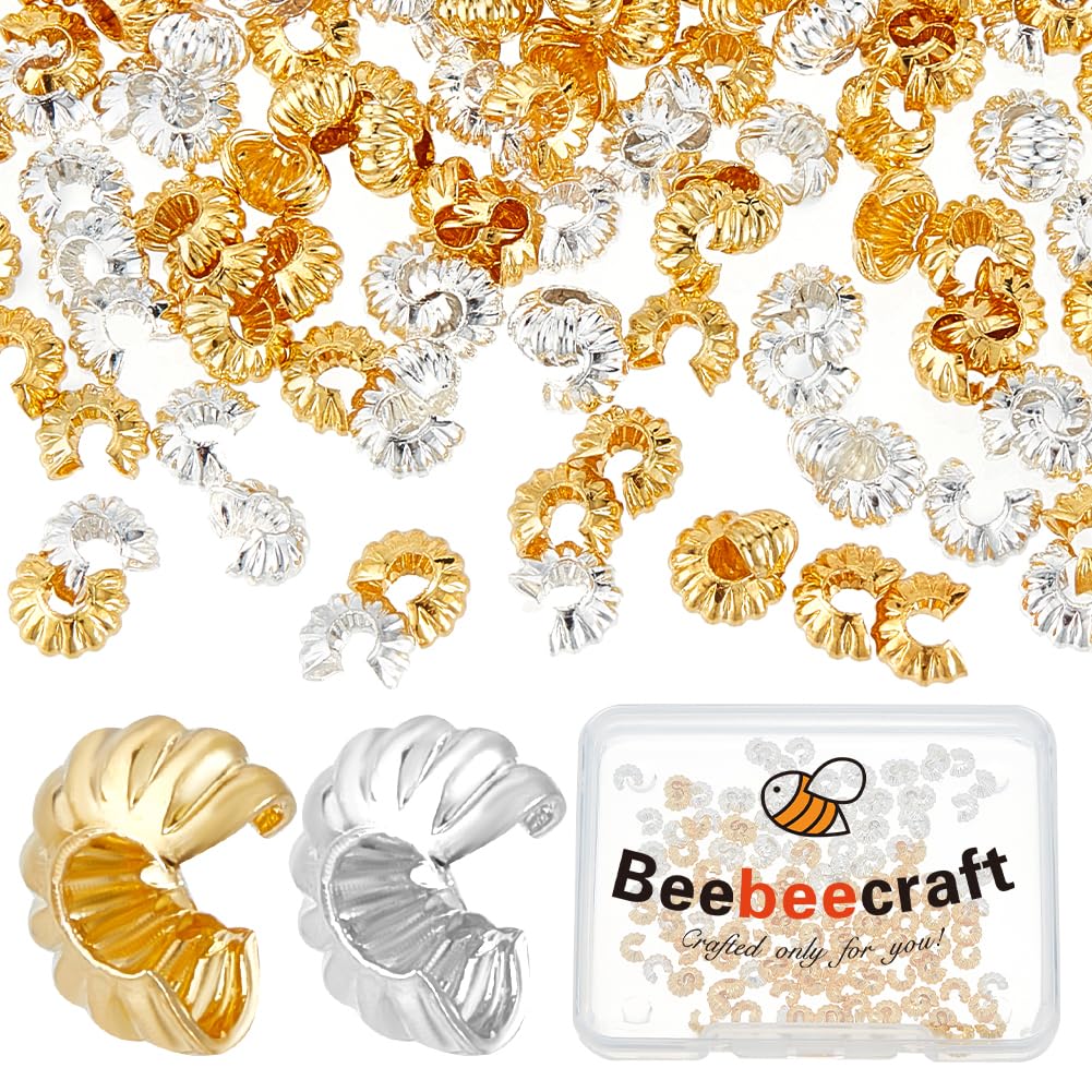 Beebeecraft 1 Box 160Pcs Crimp Bead Covers Sterling Silver Plated & 18K Gold Plated 2 Colors Half Round Open Crimp Beads End Tip 4mm for DIY Jewellery Makings — image 1