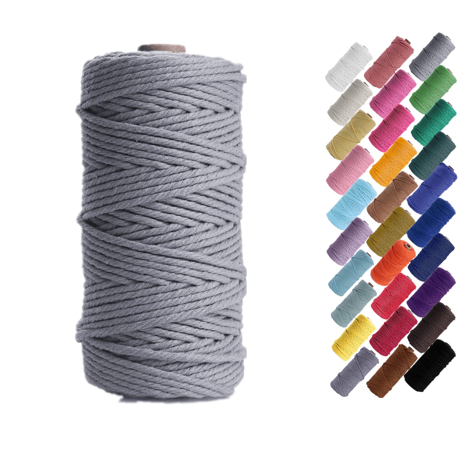 Binwat 3mm x 100m Natural Cotton Cord Yarn for Macrame, Wall Hangings, Plant Hangers, DIY Crafts, Home Decorations, Gift Wrapping (Grey) — image 1