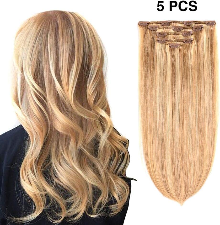5 Pieces 12" Remy Clip in Ombre Hair Extensions Human Hair Light Ash Blonde to Bleach Blonde - Beauty Silky Straight Short Thick Real Hair Extensions for Women Fashion (12 inches, #18/613, 60grams)