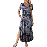 BELAROI Womens Plus Size Maxi Dresses Summer T Shirt Dress Casual V Neck Short Sleeve Long Dress Loose Fit Pockets Split
