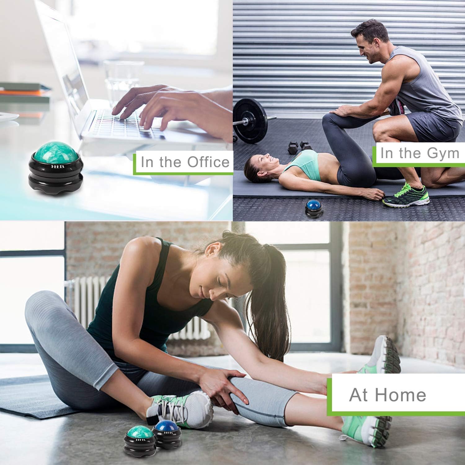 HEETA Massage Ball Manual Roller Massager 2-Pack Self Massage Therapy Tool for Sore Muscles, Shoulders, Neck, Back, Foot, Body, Deep Tissue, Stiffness, Joint Pain Relief (Blue&Green): Health & Personal Care