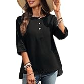 vinglam Women's Linen Henley Shirts 100% Linen Elbow Sleeve Crew Neck Slit Hem Tunics Blouse Top