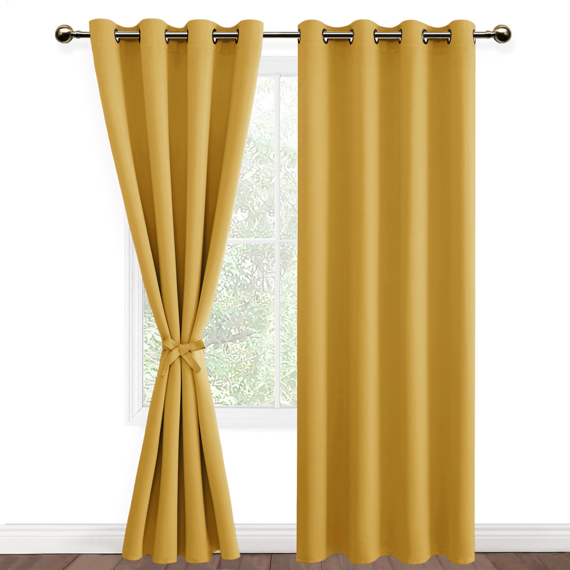 DWCN Blackout Curtains with Tiebacks for Bedroom Thermal Insulated Solid Eyelet Curtains for Living Room,2 Panels,52" Wide x 84" Drop Yellow