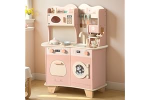 PHGLL Play Kitchen for Kids Wooden Kitchen Toy Pretend Play w/Coffee Maker Set, Microwave, Oven, Laundry Machine, Realistic Toddler Kitchen Play w/Utensils, Clicking Knobs, Pink