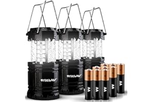 SSAV 3 Pack LED Camping Lantern, LED Lanterns, Suitable Survival Kits for Hurricane, Emergency Light for Storm, Outages, Outdoor Portable Lanterns, Black, Collapsible | Batteries Included