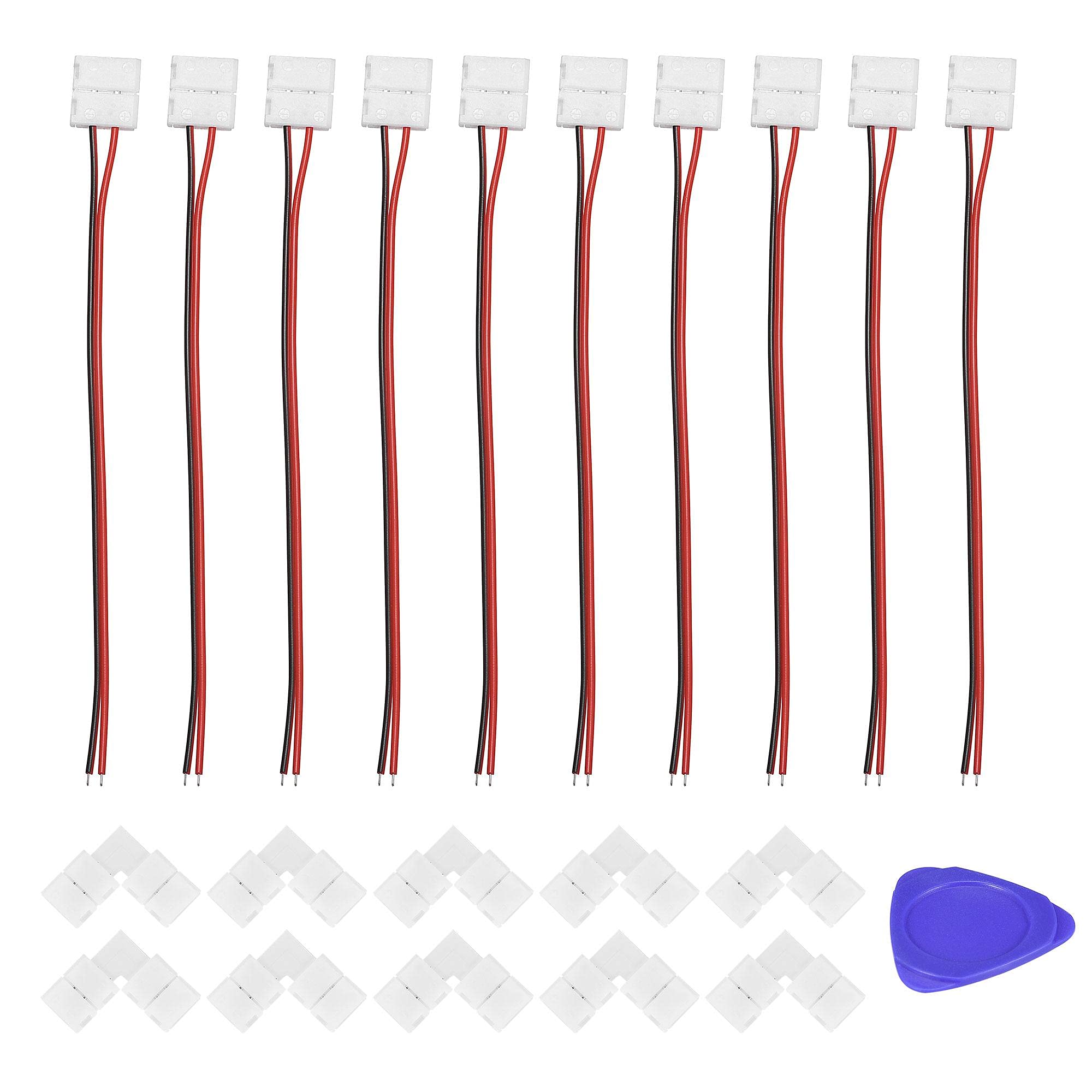 sourcing map 2 Pin 10mm LED Connector Kit, Include 10X Strip Jumper Cable, 10X L Shape Gapless Connector, for 3528 5050 Single Color LED Lights