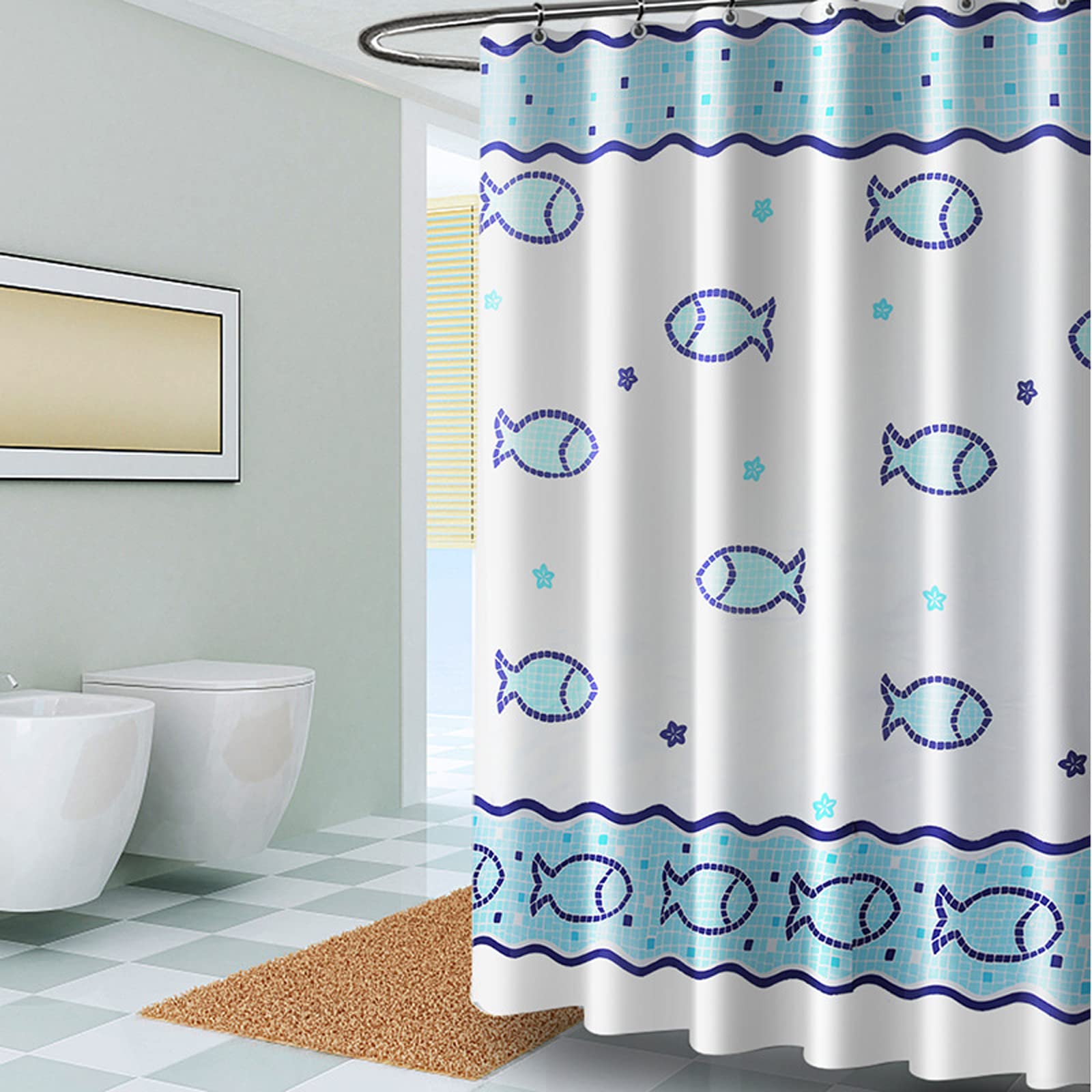 KnSam Narrow shower curtain for corner shower and small bathtub, textile bath curtain made of polyester fabric, mildew resistant, waterrepellent and washable, white 100 x 180 cm with 12 shower