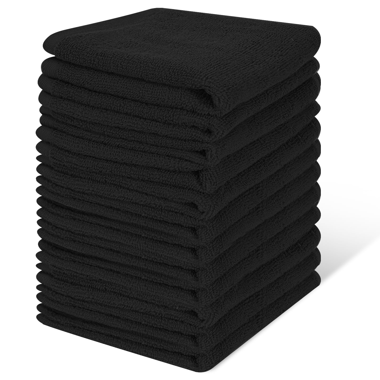 INFICRIME 12 Pack 100% Cotton Wash Cloth, 12x12 Inch Highly Absorbent and Soft Feel Fingertip Towels, Machine Washable Washcloths for Bathroom, Gym, Hotel, Spa and Kitchen, Black