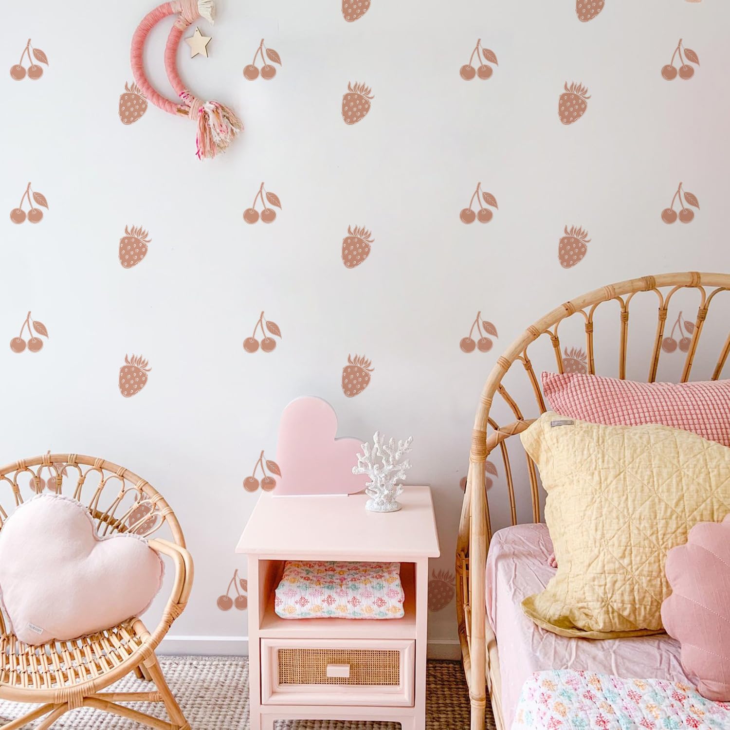 Boho Strawberry Wall Decals Retro Cherry Wall Stickers Removable Peel and Stick,Cartoon Vinyl Waterproof Stickers for Baby Nursery Kids Girls Bedroom Bathroom Living Room Home Decoration(P61)