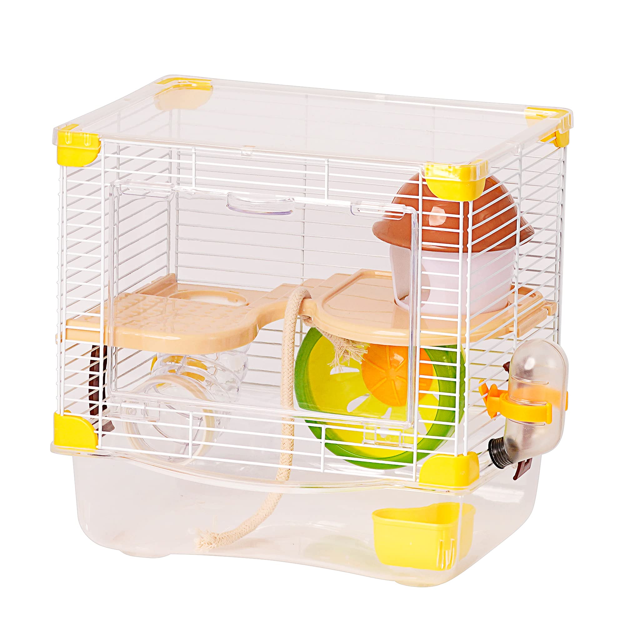 Roborowski Hamster Cage, 27 x 21 x 27 cm, Small Hamster Drinker, Feeding Bowl, Yellow