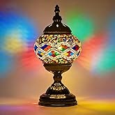 XUMAIDENG Turkish Moroccan Table Lamp Tiffany Style Mosaic Table Lamp Glass Bedside Lamps for Bedroom Living Room Handmade Stained Glass Lamp Vintage with Bronze Base Included LED Bulb (Colorful)