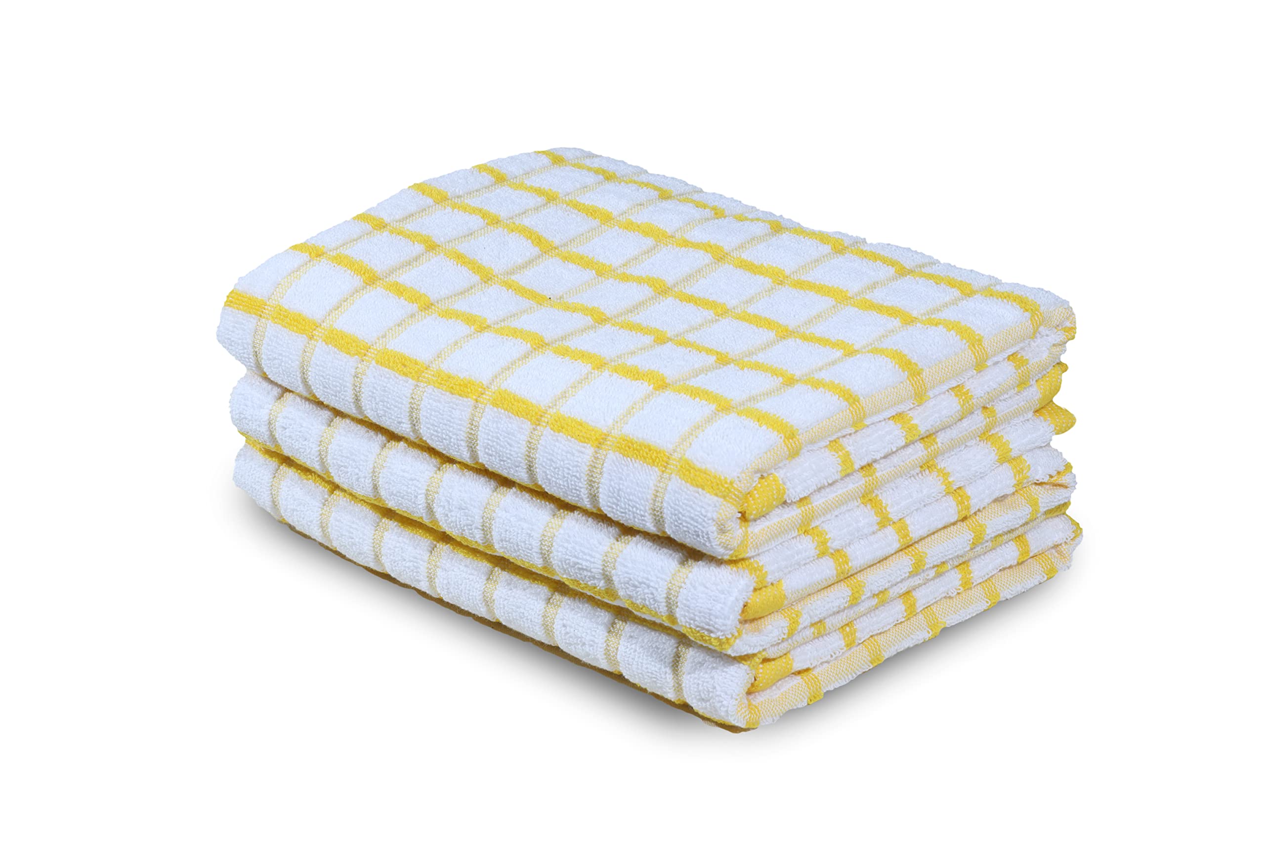 Urban Villa Terry Kitchen Dish Towels, Premium Quality, 100% Cotton with Hanging Loop, Ultra Soft (Size: 51x76 CMS), Lemon Yellow/White Highly Absorbent Over Sized Terry Towels - (Set of 3)