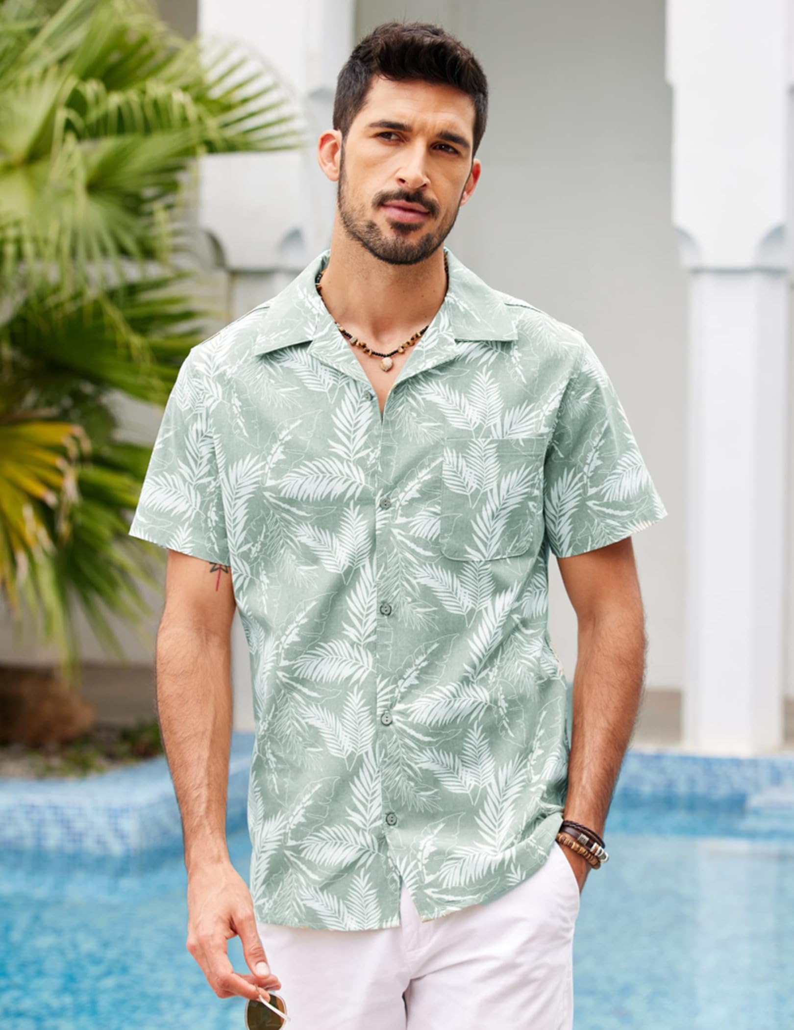 COOFANDY Hemd Herren Kurzarm Hawaiihemd Sommer Leinenhemd Casual Regular Fit Baumwolle Hawaii Hemden Graugrün L 3